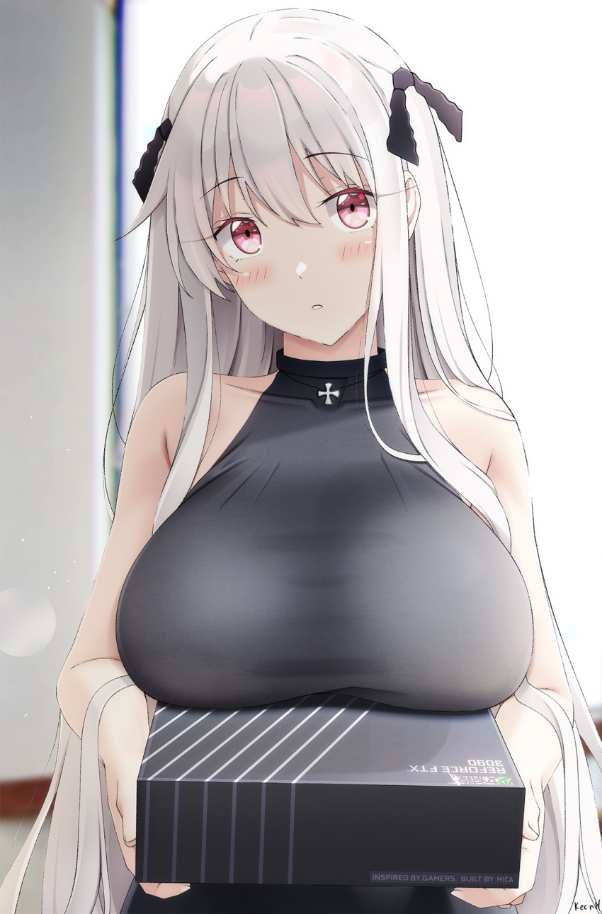 1girl bangs bare_arms bare_shoulders black_shirt blush box breast_rest breasts carried_breast_rest carrying collarbone eyebrows_visible_through_hair girls_frontline hair_ornament highres holding holding_box kar98k_(girls'_frontline) keenh large_breasts long_hair looking_at_viewer parted_lips red_eyes shirt sleeveless sleeveless_shirt solo upper_body white_hair