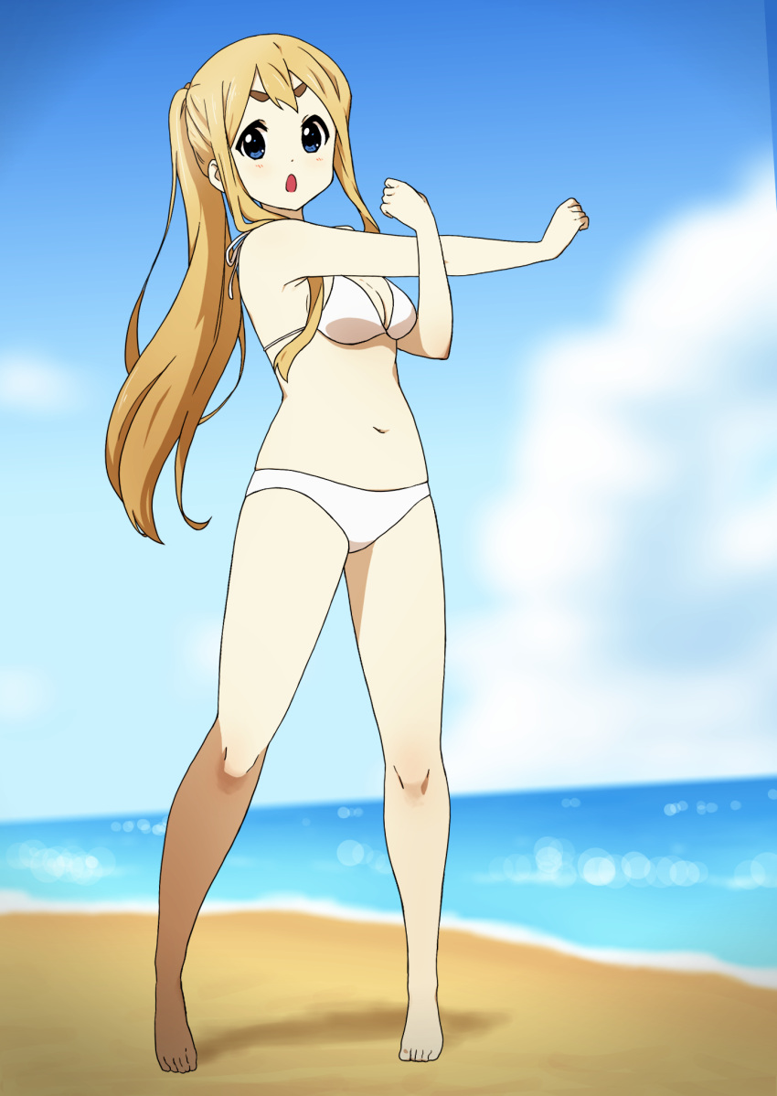 1girl :o bangs barefoot beach bikini blonde_hair blue_eyes blue_sky clouds commentary_request day full_body highres k-on! kicchi_(tmgk) kotobuki_tsumugi long_hair looking_at_viewer navel ocean official_alternate_hairstyle open_mouth ponytail sand shadow sky solo standing swimsuit thick_eyebrows water white_bikini