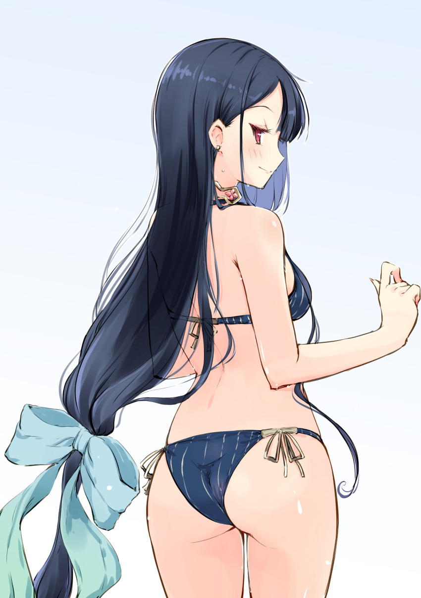 1girl absurdres ass atelier_(series) atelier_firis bare_arms bikini black_hair blue_bikini blue_bow blush bow closed_mouth cowboy_shot earrings from_behind hair_bow highres jewelry liane_mistlud long_hair minidraco profile red_eyes ribbon shiny shiny_hair shiny_skin side-tie_bikini smile solo standing striped striped_bikini swimsuit vertical-striped_bikini vertical_stripes very_long_hair white_background yellow_ribbon