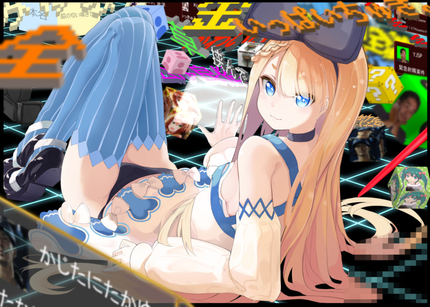 1girl alicia_solid bare_shoulders black_footwear black_panties blonde_hair blue_eyes bow braid breasts choker closed_mouth covered_nipples date_(mamanonamaebot) detached_sleeves dice dress eyebrows_behind_hair from_behind hair_bow highres holographic_interface knees_up long_hair looking_at_viewer looking_back lying mary_janes niconi_solid on_back panties shirt shoes sideboob small_breasts smile solo striped striped_legwear thigh-highs underwear white_shirt