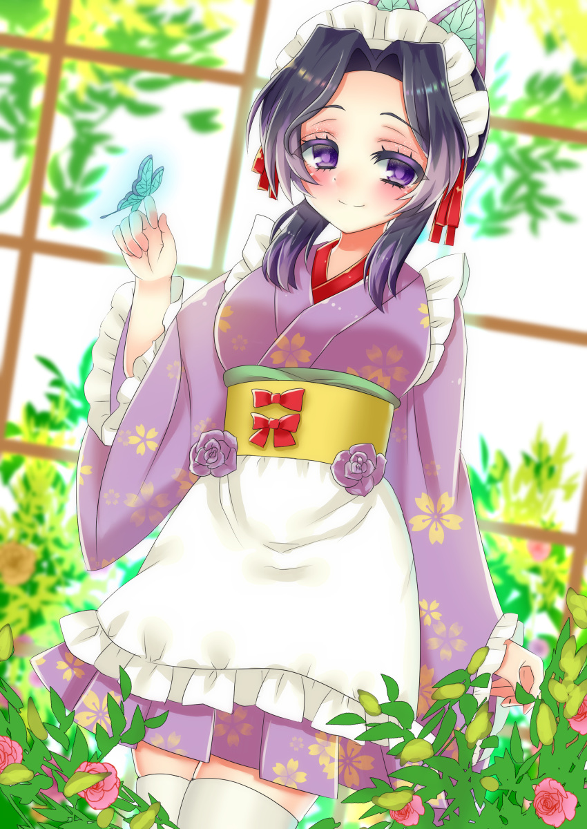 1girl absurdres apron bangs blush bug butterfly butterfly_hair_ornament butterfly_on_hand eyebrows_visible_through_hair flower frills garden glowing_butterfly greenhouse hair_ornament highres hinao japanese_clothes kimetsu_no_yaiba kochou_shinobu long_sleeves looking_to_the_side maid_headdress obi parted_bangs plant purple_hair rose sash skindentation smile solo thick_eyebrows thigh-highs violet_eyes wa_maid waist_apron wide_sleeves window zettai_ryouiki