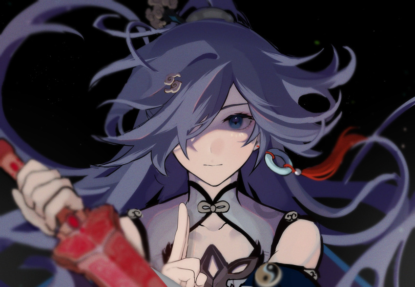 1girl bangs bare_shoulders black_background black_hair blue_eyes china_dress chinese_clothes closed_mouth dress earrings fu_hua fu_hua_(azure_empyrea) fukazzi_2nd hair_over_one_eye highres holding holding_sword holding_weapon honkai_(series) honkai_impact_3rd jewelry long_hair looking_at_viewer ponytail single_earring solo sword weapon white_dress
