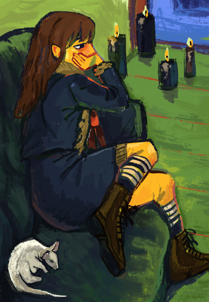 1girl blue_jacket blue_skirt brown_boots brown_hair candle capella couch fur_collar fur_trim jean_jacket jean_skirt magicky-hands mistress_(pathologic) painting pathologic pathologic_2 rat red_ribbon striped_socks termites