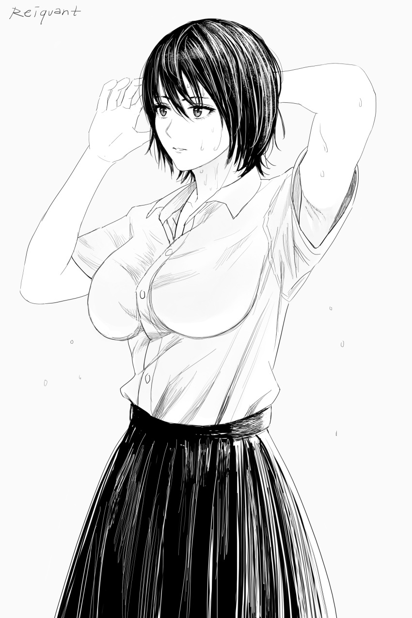 1girl absurdres arm_behind_head arms_up black_hair breasts buttons collar collared_shirt drawing dripping greyscale highres hot large_breasts long_skirt looking_away monochrome original reiquant shirt short_hair short_sleeves signature simple_background sketch skirt sweat uniform white_background