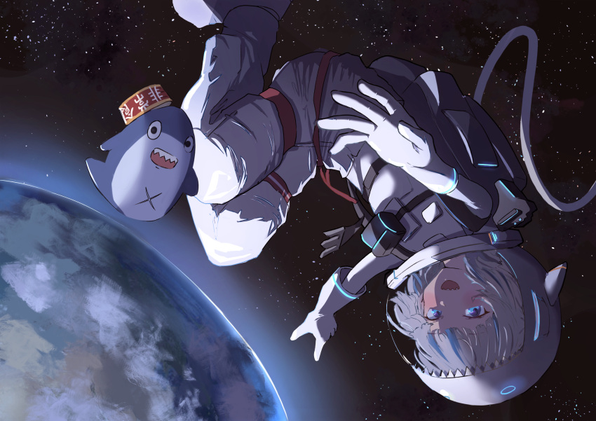 1girl :d bangs bloop_(gawr_gura) blue_eyes blue_hair blunt_bangs bodysuit can commentary earth_(planet) edwardlo311 floating gawr_gura gloves helmet highres hololive hololive_english hose knees_up light_blush multicolored_hair planet sharp_teeth sky smile solo space space_helmet spacesuit star_(sky) starry_sky streaked_hair teeth upper_teeth upside-down virtual_youtuber white_bodysuit white_gloves white_hair