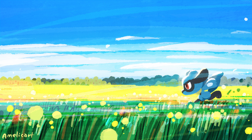 amelicart arms_behind_back clouds day field flower flower_field from_side highres no_humans outdoors pokemon pokemon_(creature) profile red_eyes riolu running signature sky solo yellow_flower