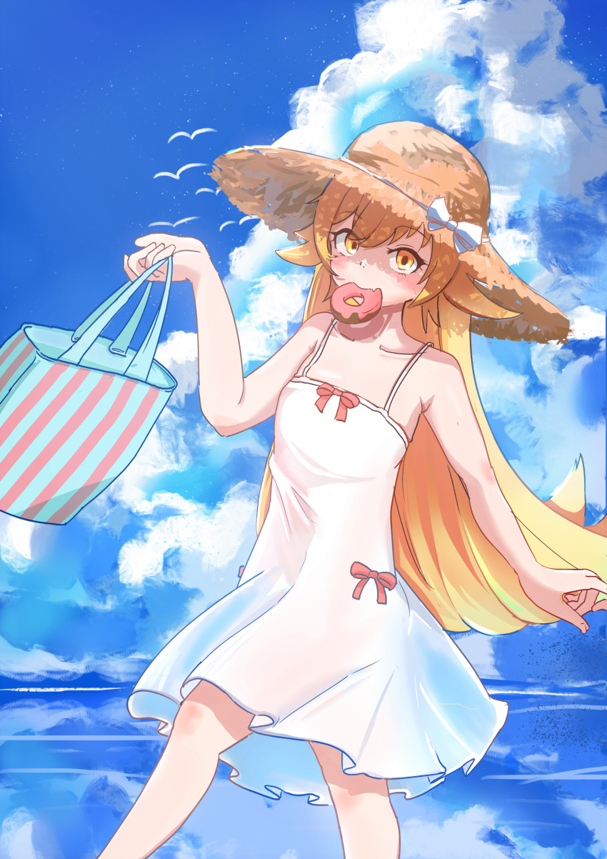 1girl absurdres bag bangs bare_shoulders bird blonde_hair blue_sky blush bow breasts clouds commentary doughnut dress dress_bow edwardlo311 fang feet_out_of_frame food food_in_mouth hat hat_bow highres holding holding_bag long_hair looking_at_viewer monogatari_(series) mouth_hold ocean oshino_shinobu pink_bow shaded_face skin_fang sky sleeveless sleeveless_dress small_breasts solo straw_hat striped sun_hat sundress vertical_stripes very_long_hair walking white_bow white_dress yellow_eyes