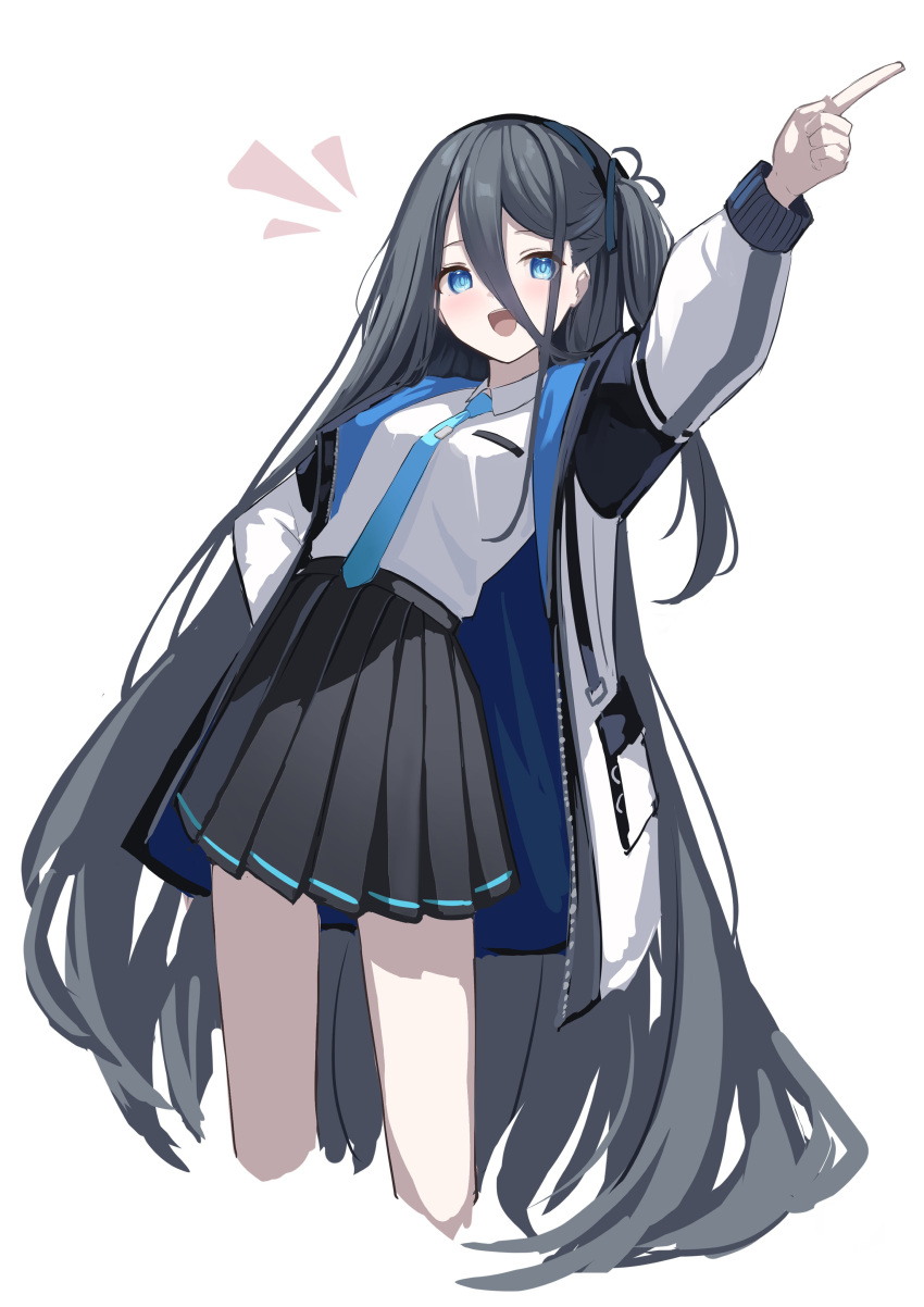 1girl :d absurdres arisu_(blue_archive) bangs black_hair black_skirt blue_archive blue_eyes blue_necktie collared_shirt cropped_legs hair_between_eyes highres index_finger_raised jacket long_hair long_sleeves looking_at_viewer necktie open_mouth pleated_skirt shirt shoa_tksm simple_background skirt smile solo very_long_hair white_background white_jacket white_shirt
