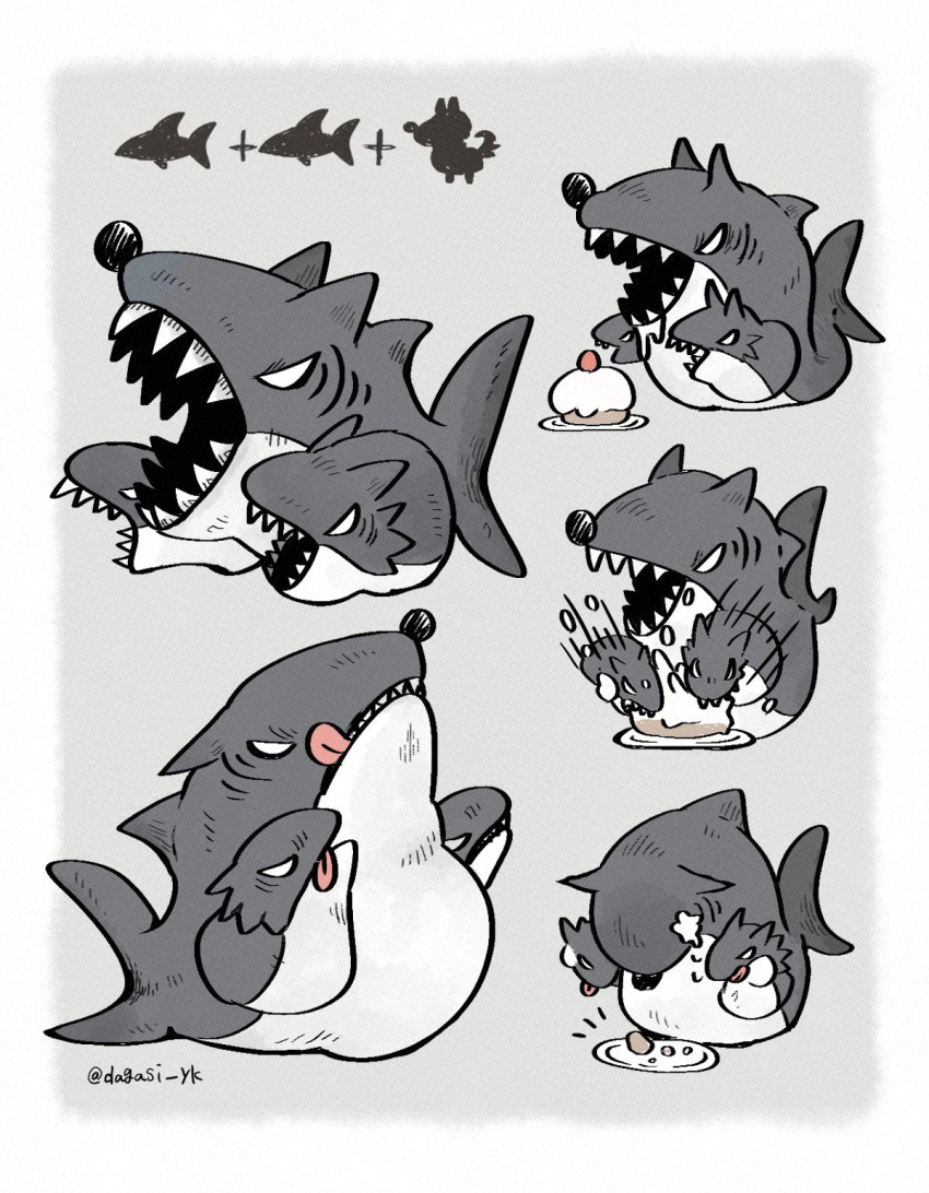 1other animal animal_ears animal_focus cake chimerism dagasi_yk dog dog_ears eating food fusion grey_background highres licking_lips multiple_views original sad shark sharp_teeth symbol-only_commentary tearing_up teeth tongue tongue_out twitter_username