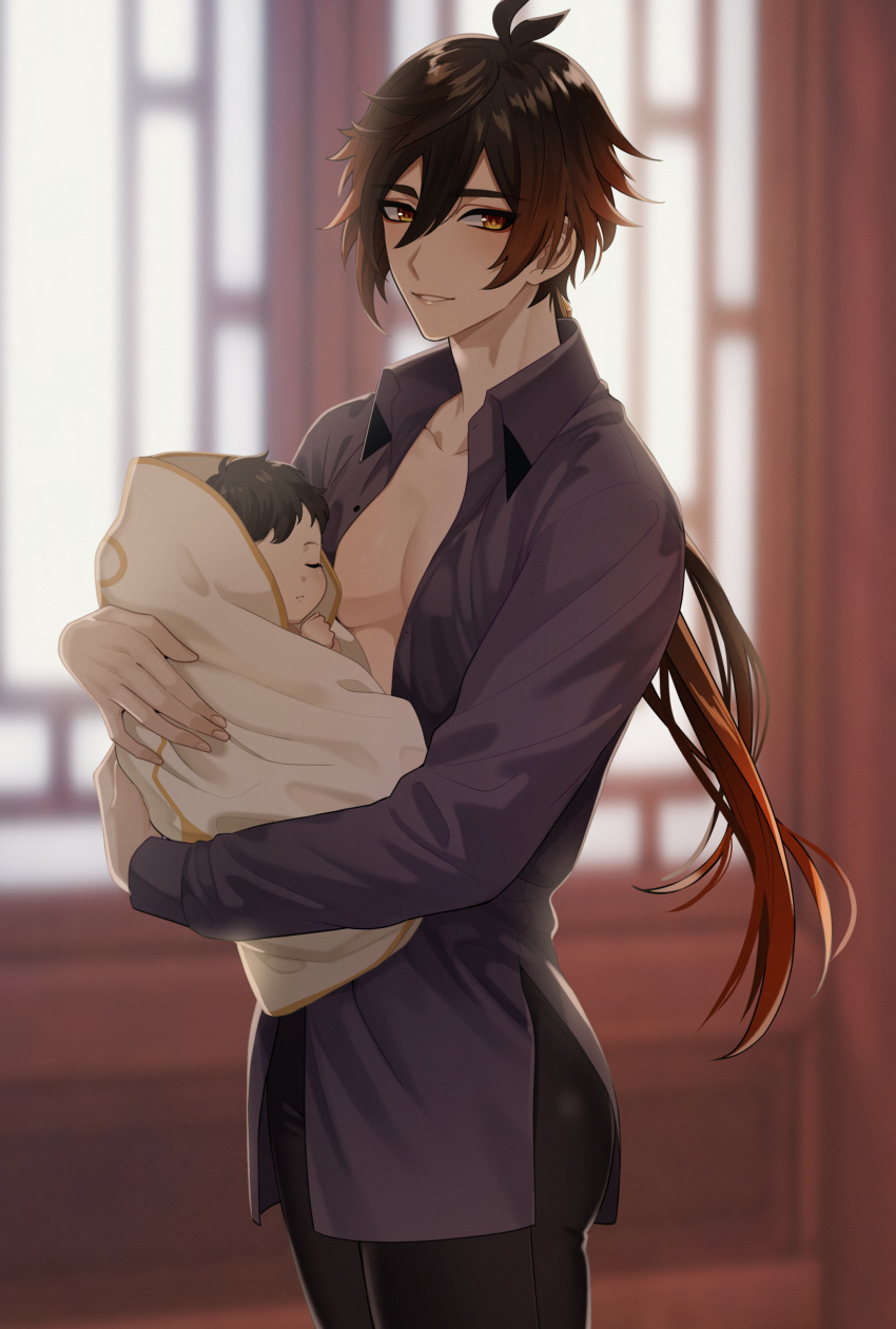 2boys absurdres baby black_hair black_pants brown_eyes brown_hair earrings genshin_impact gradient_hair hair_between_eyes highres hug jewelry long_hair long_sleeves multicolored_hair multiple_boys muscular muscular_male open_clothes open_shirt pants pinchi ponytail purple_shirt shirt short_hair single_earring sleeping smile teeth two-tone_hair yellow_eyes zhongli_(genshin_impact)