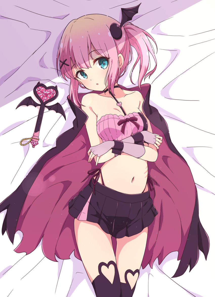 1girl bed_sheet blue_eyes breasts cape chiyoda_momo fingerless_gloves gloves hair_ornament highres looking_at_viewer lying machikado_mazoku medium_breasts mel_(melty_pot) midriff navel on_back purple_gloves scar short_hair solo x_hair_ornament