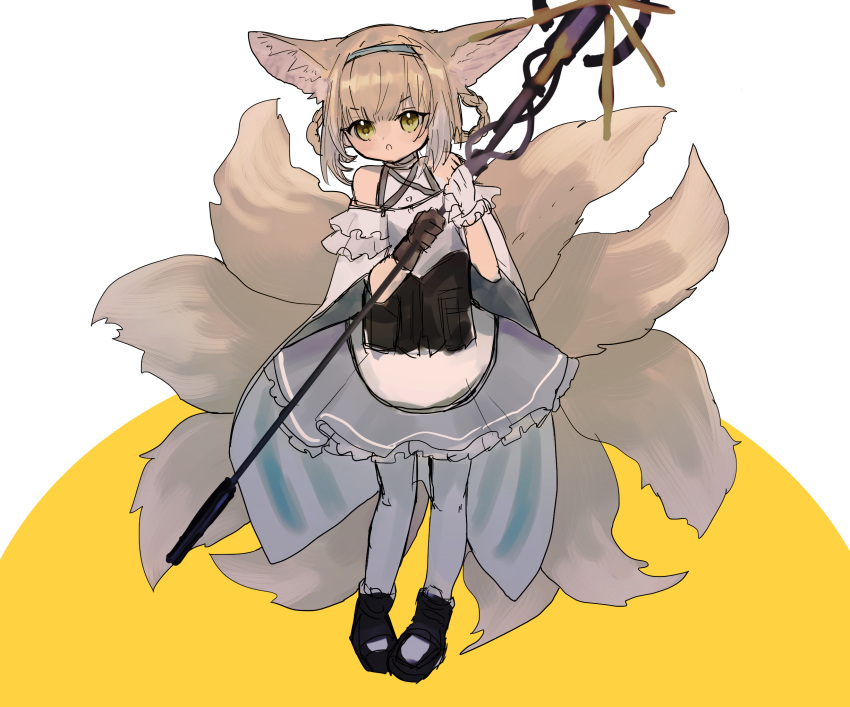 1girl animal_ear_fluff animal_ears arknights asymmetrical_gloves bare_shoulders black_footwear black_gloves blue_hairband blue_skirt braid brown_hair fox_ears fox_girl fox_tail frilled_skirt frills full_body gloves green_eyes hair_rings hairband highres holding holding_staff kyuubi looking_at_viewer mismatched_gloves multicolored_hair multiple_tails pantyhose senjou_no_pentsu shirt shoes skirt solo staff standing suzuran_(arknights) tail twin_braids two-tone_background two-tone_hair white_background white_gloves white_hair white_legwear white_shirt yellow_background