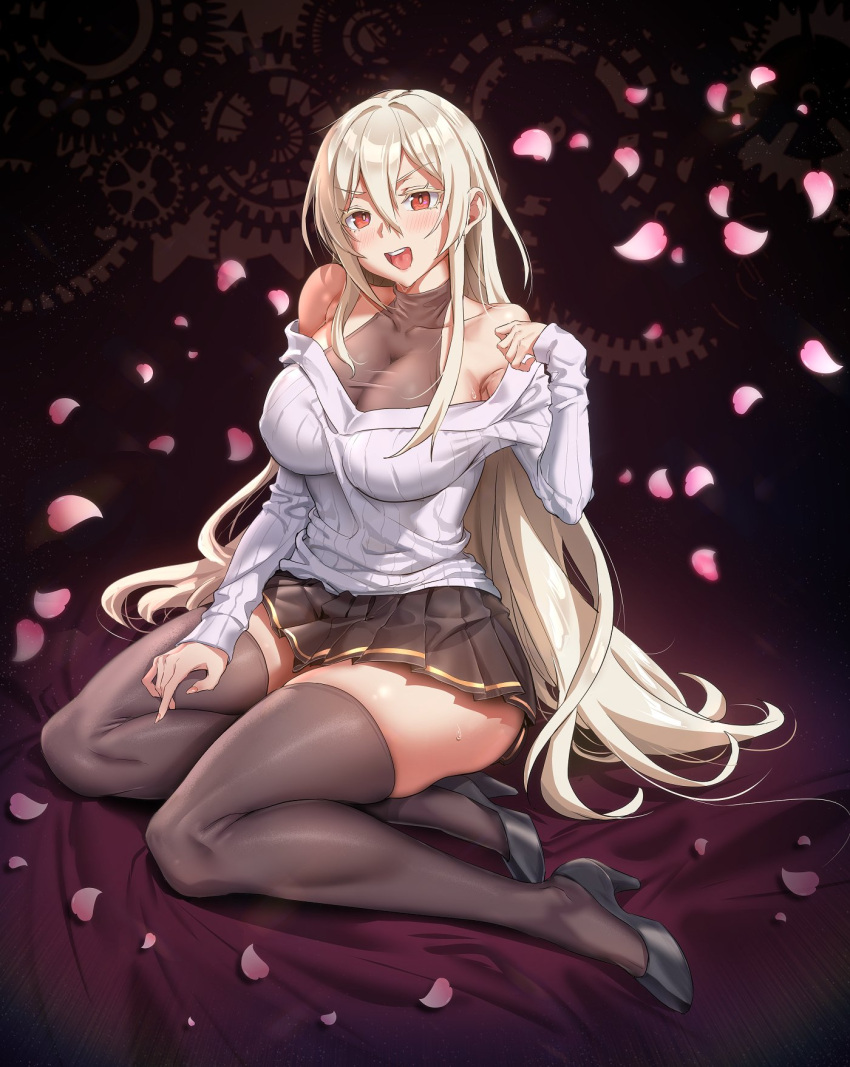 1girl :d bangs bare_shoulders black_footwear black_legwear black_skirt blonde_hair blush breasts closed_mouth collarbone commission constricted_pupils english_commentary eyebrows_visible_through_hair frilled_skirt frills full_body hair_between_eyes high_heels highres large_breasts long_bangs long_hair long_sleeves muloli off_shoulder open_mouth original petals pleated_skirt shadow shiny shiny_hair sitting skirt smile solo sweat sweater teeth thick_thighs thigh-highs thighs tongue upper_teeth v-shaped_eyebrows very_long_hair white_sleeves white_sweater yokozuwari