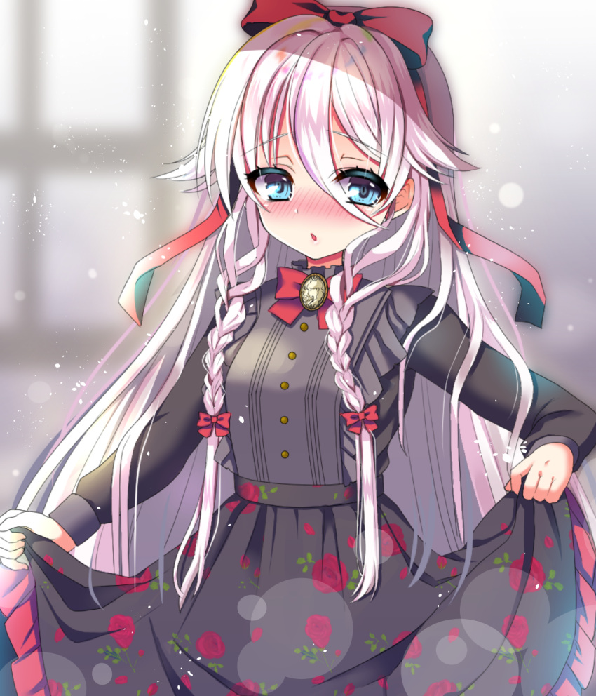 1girl :o bangs blue_eyes blurry blurry_background blush bokeh bow braid brooch depth_of_field dress eyebrows_visible_through_hair floral_print gothic_lolita hair_bow hair_flaps hair_ribbon highres hinao ia_(vocaloid) jewelry lolita_fashion long_hair long_sleeves looking_at_viewer open_mouth pinafore_dress ribbon rose_print skirt_hold solo twin_braids very_long_hair vocaloid white_hair window