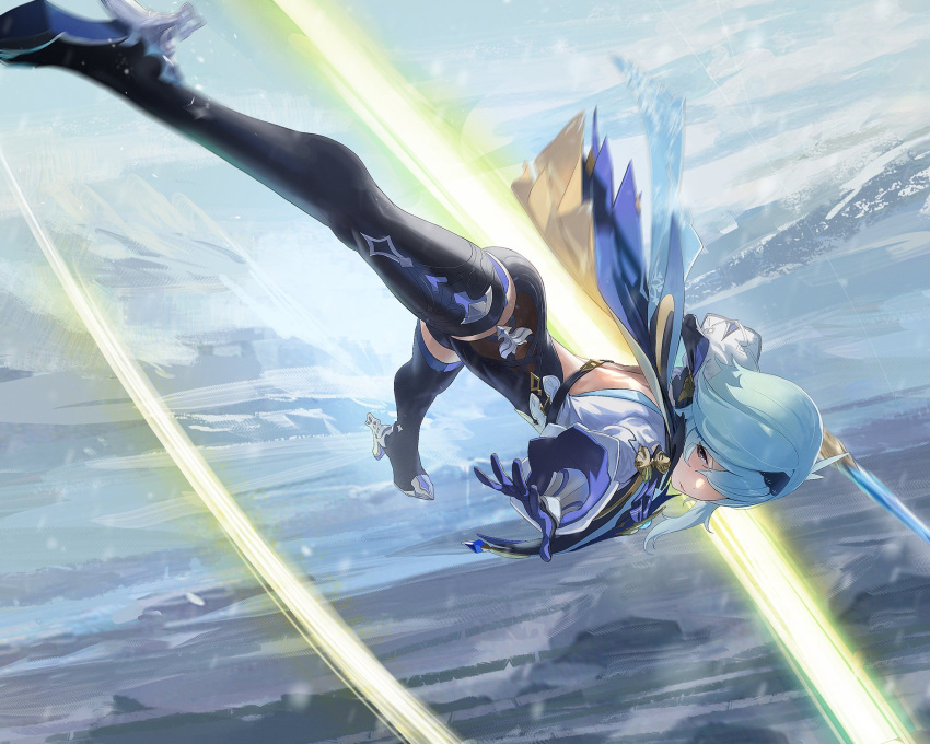 1girl back_cutout bangs black_legwear blue_hair cape clothing_cutout daniel_deng eula_(genshin_impact) feet_up genshin_impact gloves glowing hair_over_one_eye hairband high_heels highres leg_up legs leotard long_sleeves scenery slashing snow solo sword thigh-highs vambraces weapon wide_sleeves yellow_eyes