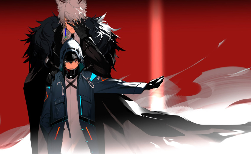 2boys akai_999 animal_ears arknights bangs belt black_cloak black_gloves black_hair black_jacket black_necktie blue_jacket chain cloak collared_shirt cowboy_shot doctor_(arknights) earrings fur_trim gloves grey_eyes grey_hair hair_between_eyes hand_on_another's_shoulder hand_on_own_face hand_up height_difference heterochromia high_collar highres hood hood_up hooded_jacket jacket jewelry leopard_boy leopard_ears long_sleeves looking_at_viewer male_doctor_(arknights) male_focus multiple_boys necktie open_clothes open_jacket outstretched_arm red_background red_eyes shirt short_hair silverash_(arknights) smile smirk standing straight-on visible_air white_robe white_shirt wind