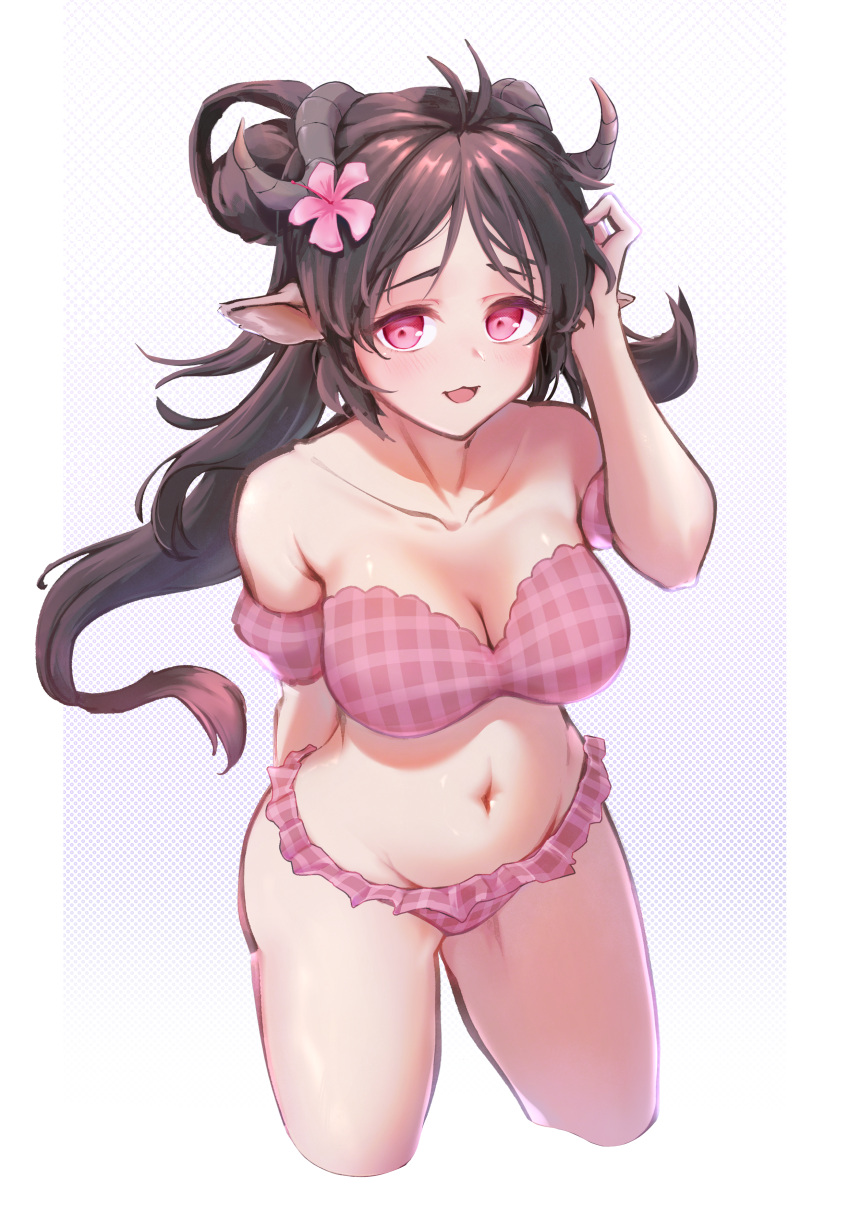 1girl :3 :d absurdres animal_ears arknights arm_behind_back bangs bare_shoulders bikini brown_hair collarbone commentary cropped_legs eyjafjalla_(arknights) eyjafjalla_(summer_flowers)_(arknights) flower hair_flower hair_ornament hand_up highres horns long_hair looking_at_viewer navel off-shoulder_bikini off_shoulder open_mouth pink_bikini pink_eyes pink_flower plaid plaid_bikini sheep_ears sheep_horns short_sleeves smile solo stomach swimsuit thighs wangbrian