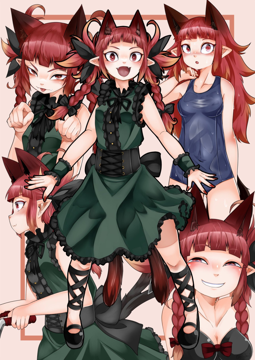 1girl :3 :d :p adapted_costume alternate_costume alternate_hairstyle animal_ears bare_shoulders blush bow braid breasts cat_ears cat_tail corset dress extra_ears fangs full_body grin hair_bow hair_down highres kaenbyou_rin legs_apart long_hair looking_at_viewer multiple_girls multiple_tails nail_polish nekomata one-piece_swimsuit pointy_ears profile red_eyes red_nails redhead smile swimsuit tail tongue tongue_out touhou twin_braids two_tails yutori_(inu-hito)