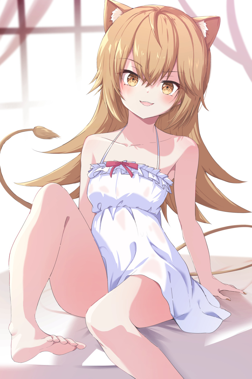 1girl absurdres animal_ear_fluff animal_ears bangs blush breasts brown_hair collarbone commentary_request dress eyebrows_visible_through_hair fumi_(fumibeing) hair_between_eyes highres indie_virtual_youtuber indoors knee_up lion_ears lion_girl lion_tail long_hair looking_at_viewer open_mouth rurudo_lion sidelocks sitting sleeveless sleeveless_dress small_breasts solo sundress tail virtual_youtuber white_dress yellow_eyes