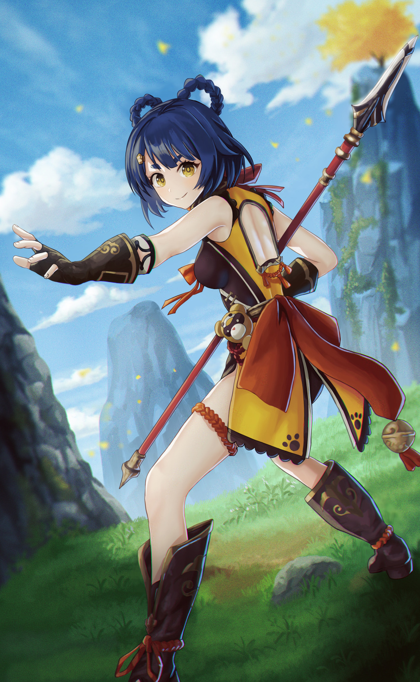 1girl absurdres back_cutout bell blue_hair blue_sky boots braid breasts brown_footwear brown_gloves chinese_clothes clothing_cutout clouds fighting_stance fingerless_gloves foot_out_of_frame from_side genshin_impact gloves grass guoba_(genshin_impact) hair_ornament hair_rings hairclip highres holding holding_polearm holding_weapon konbanwa01 legs mountain outdoors outstretched_arm paw_print polearm short_eyebrows short_hair sky small_breasts smile solo spear stuffed_toy tassel thigh_strap twin_braids v-shaped_eyebrows weapon xiangling_(genshin_impact) yellow_eyes