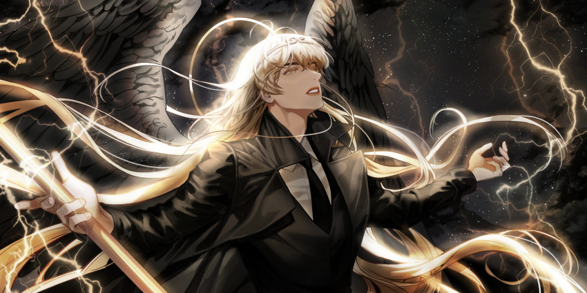 1boy absurdres angel_wings black_necktie black_wings blackbox_(blackbox9158) blonde_hair collared_shirt dark_background dok-ja_kim from_side halo highres holding holding_staff korean_commentary lightning lips long_hair looking_up male_focus necktie omniscient_reader's_viewpoint outstretched_arms parted_lips shirt solo spoilers staff transformation upper_body very_long_hair wings yellow_eyes