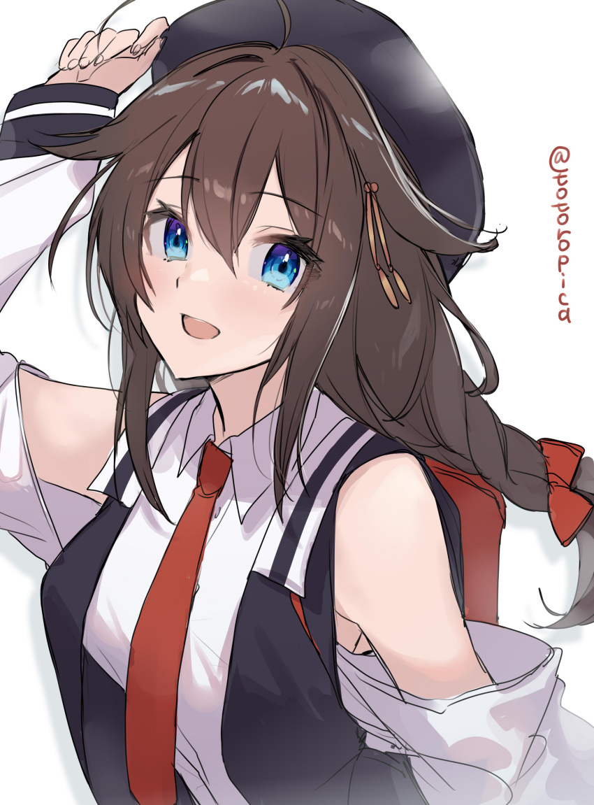 1girl absurdres ahoge arm_up backpack bag bare_shoulders beret blue_eyes bow braid brown_hair collared_shirt detached_sleeves hair_bow hair_flaps hat highres kantai_collection long_hair necktie official_alternate_costume one-hour_drawing_challenge open_clothes open_mouth open_vest picoli1313 red_bow red_necktie shigure_(kancolle) shigure_kai_ni_(kancolle) shirt solo twitter_username vest white_shirt