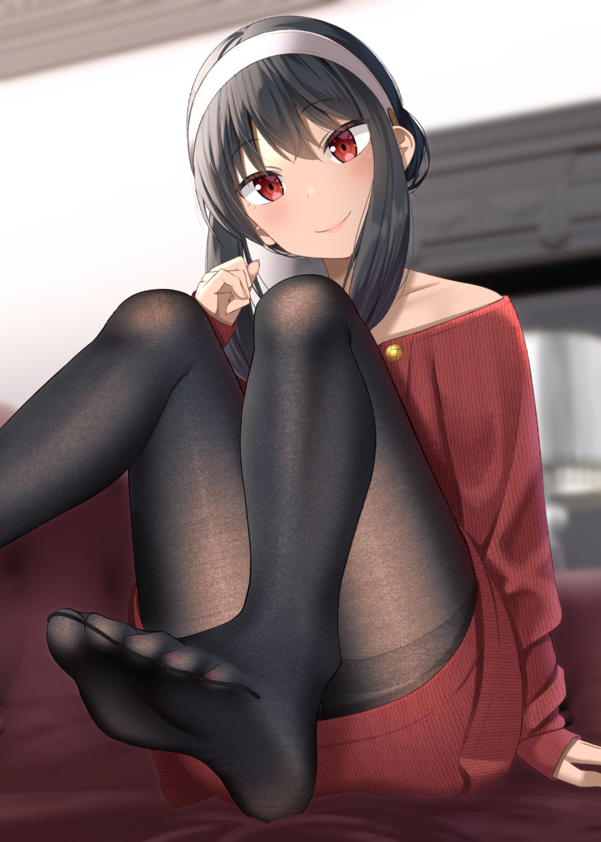 1girl bangs bare_shoulders black_hair black_legwear blush dress fine_fabric_emphasis gurande_(g-size) hair_between_eyes hairband hand_up highres knees_to_chest looking_at_viewer nail_polish off-shoulder_sweater off_shoulder pantyhose red_eyes red_nails red_sweater short_hair_with_long_locks sidelocks sitting smile soles solo spy_x_family sweater sweater_dress thighs toenail_polish toenails toes yor_briar