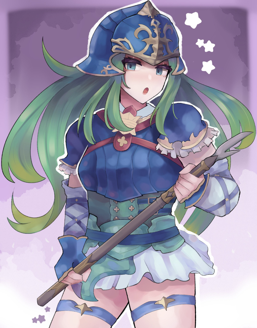 1girl absurdres armor blue_armor blue_eyes blue_gloves breastplate detached_sleeves dtomebreaker fingerless_gloves fire_emblem fire_emblem:_path_of_radiance gloves gradient gradient_background green_hair highres holding holding_polearm holding_weapon long_hair looking_at_viewer nephenee_(fire_emblem) open_mouth polearm simple_background skirt solo star_(symbol) thigh-highs weapon white_skirt zettai_ryouiki