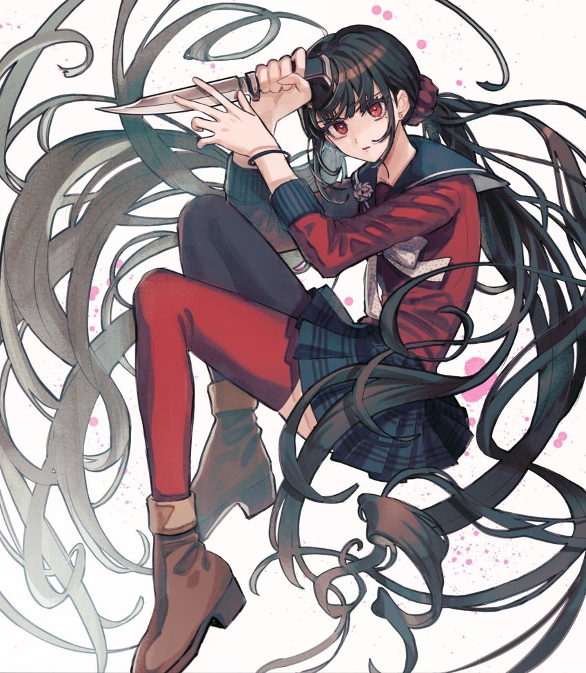 1girl bangs black_sailor_collar black_skirt bow bowtie bracelet brown_footwear danganronpa_(series) danganronpa_v3:_killing_harmony from_side hair_ornament hair_scrunchie harukawa_maki highres holding holding_weapon jewelry long_hair long_sleeves low_twintails messy_hair pleated_skirt red_legwear red_scrunchie red_shirt sailor_collar scrunchie shirt skirt solo thigh-highs twintails visket53 weapon white_bow white_bowtie