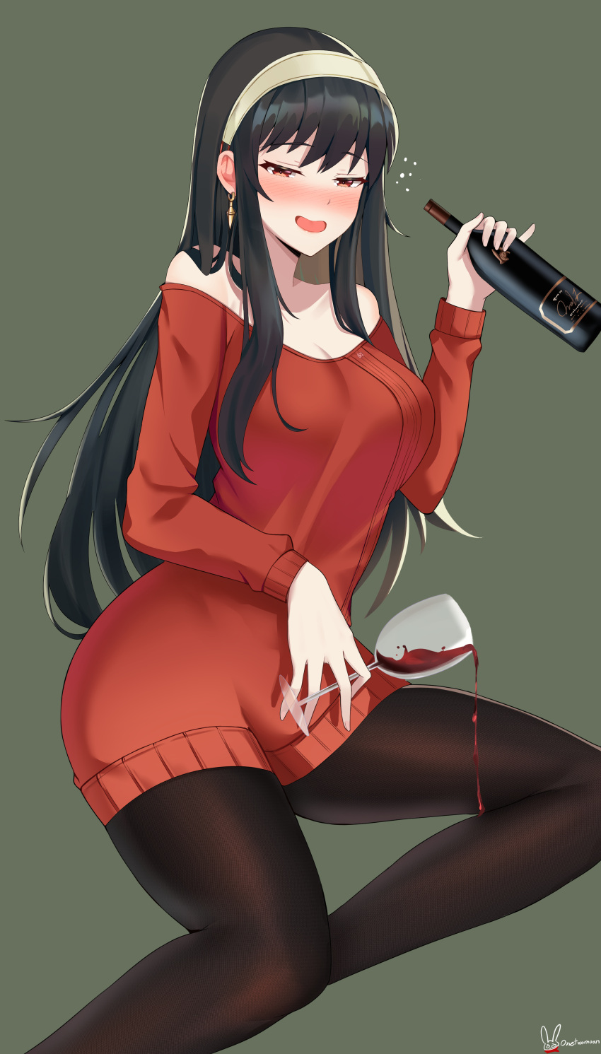 1girl absurdres alcohol animal_ears bangs black_hair black_legwear blush bottle breasts champagne_bottle drink drunk earrings green_background hairband half-closed_eyes highres holding holding_bottle jewelry long_hair long_sleeves medium_breasts off-shoulder_sweater off_shoulder open_mouth pantyhose rabbit_ears red_eyes red_sweater simple_background smile spy_x_family sweater twomoon yor_briar