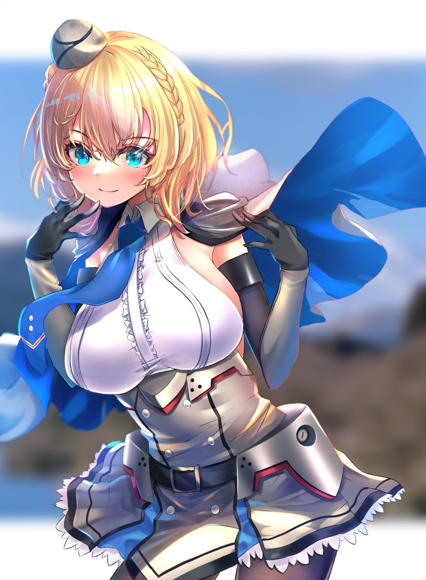 1girl black_gloves blonde_hair blue_eyes blue_necktie braid breasts capelet colorado_(kancolle) elbow_gloves garrison_cap gloves grey_headwear hat highres kantai_collection large_breasts looking_at_viewer necktie o-sirius shirt short_hair skirt sleeveless sleeveless_shirt smile solo white_shirt