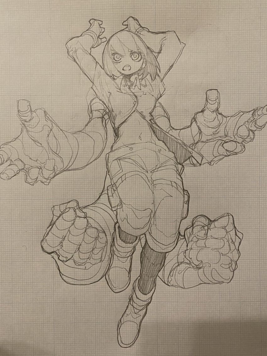 arms_up bandages bone_nig boots clenched_hand extra_arms grid_background highres navel open_mouth sketch teeth traditional_media