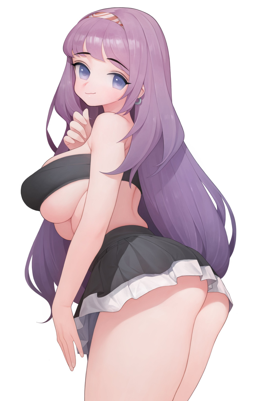 1girl absurdres ass bangs bare_shoulders black_skirt black_tube_top blush breasts closed_mouth commentary_request earrings eyebrows_visible_through_hair fingernails from_side hair_ornament highres jewelry korean_commentary large_breasts lips long_hair looking_at_viewer looking_to_the_side midriff miniskirt original purple_hair rabbit_(wlsdnjs950) simple_background skirt smile solo strapless tube_top two-tone_skirt under_boob white_background
