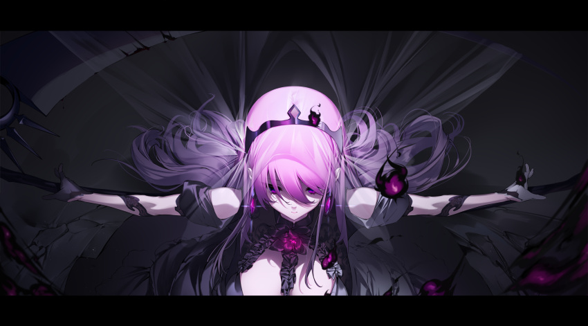 1girl asymmetrical_gloves bangs black_dress black_gloves breasts closed_mouth dress earrings eyebrows_visible_through_hair from_above gloves hair_between_eyes highres hololive hololive_english jewelry large_breasts long_hair looking_away mismatched_gloves mori_calliope outstretched_arms pink_hair solo spread_arms tiara veil violet_eyes virtual_youtuber white_gloves yaguo