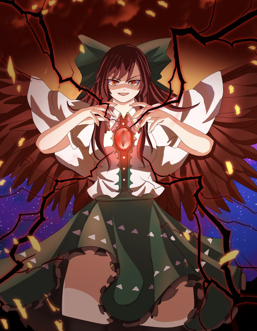 1girl absurdres amakaze16 bangs bird_wings black_legwear black_lightning bow breasts brown_eyes brown_hair brown_wings cape collared_shirt cowboy_shot evil_smile frilled_skirt frills green_bow green_skirt hair_bow highres large_breasts long_hair looking_at_viewer open_mouth puffy_short_sleeves puffy_sleeves reiuji_utsuho shirt short_sleeves skirt smile solo starry_sky_print thigh-highs third_eye touhou translation_request v-shaped_eyebrows white_cape white_shirt wings