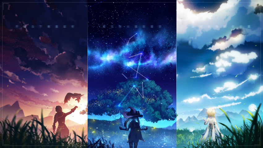 1boy 1girl absurdres background_text bird black_hair blonde_hair blue_headwear blurry blurry_foreground bug clouds cloudy_sky commentary_request dandelion_seed day depth_of_field diluc_(genshin_impact) dress evening falcon falling_leaves falling_star fireflies firefly from_behind galaxy genshin_impact grass hat highres landscape leaf long_hair lumine_(genshin_impact) magic_circle mona_(genshin_impact) mountain mountainous_horizon night night_sky outdoors scenery short_hair short_hair_with_long_locks sky solo standing star_(sky) starry_sky translation_request tree twintails white_dress witch_hat zi13591