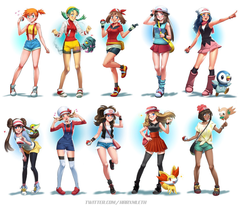 6+girls :d character_request english_commentary full_body hat highres hikari_(pokemon) hilda_(pokemon) long_hair looking_at_viewer mathias_leth may_(pokemon) misty_(pokemon) multiple_girls open_mouth pantyhose pokemon pokemon_(anime) pokemon_(classic_anime) pokemon_(creature) pokemon_(game) pokemon_dppt pokemon_sm rowlet shirt skirt smile standing thigh-highs
