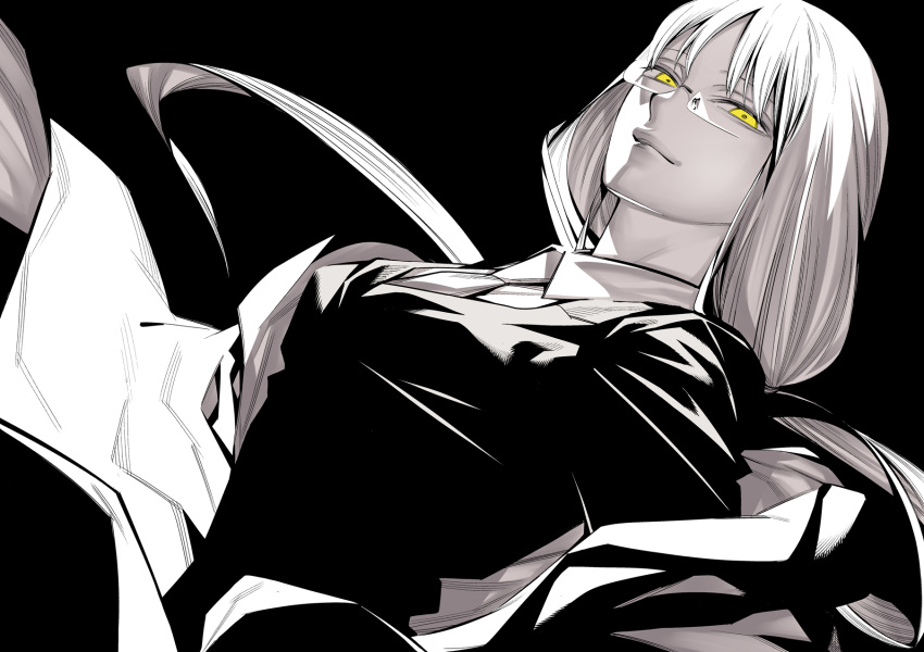 1girl black_background closed_mouth coat dutch_angle glasses greyscale hatching_(texture) highres long_hair looking_at_viewer monochrome necktie onigunsou open_clothes open_coat original simple_background smile solo yellow_eyes