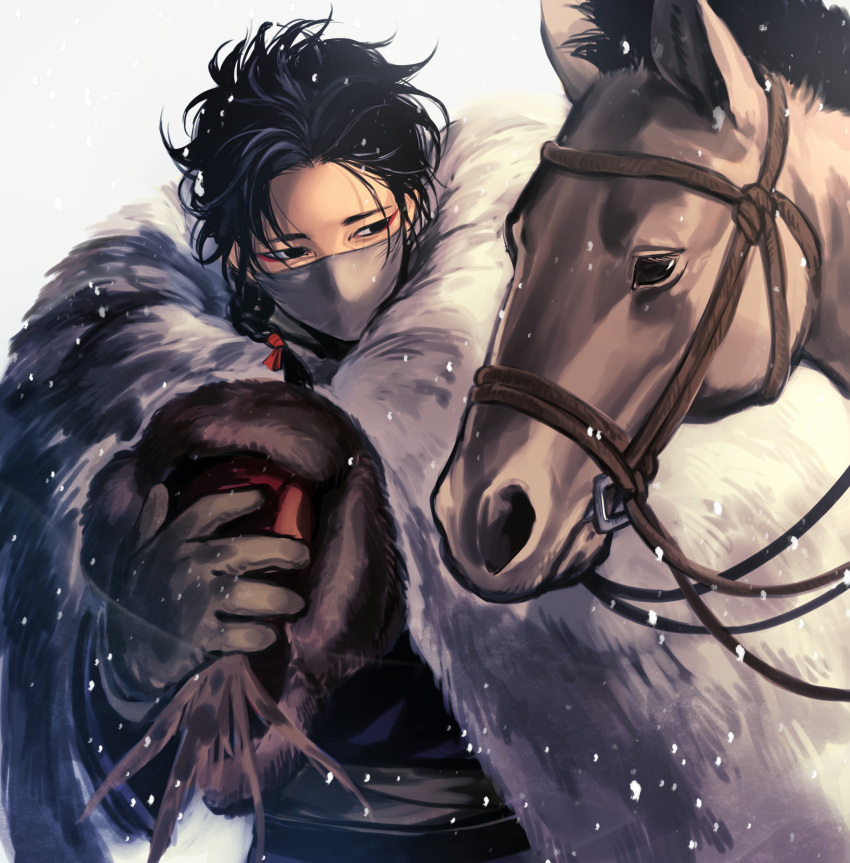 1boy black_eyes black_hair braid cloak covered_mouth eyeliner fur_cloak fur_hat gloves grey_gloves hat hat_feather highres holding holding_clothes holding_hat horse kenkon_no_washi long_sleeves looking_at_animal looking_away looking_to_the_side makeup male_focus mask mouth_mask sash single_braid snowing suzumori_521 upper_body white_background