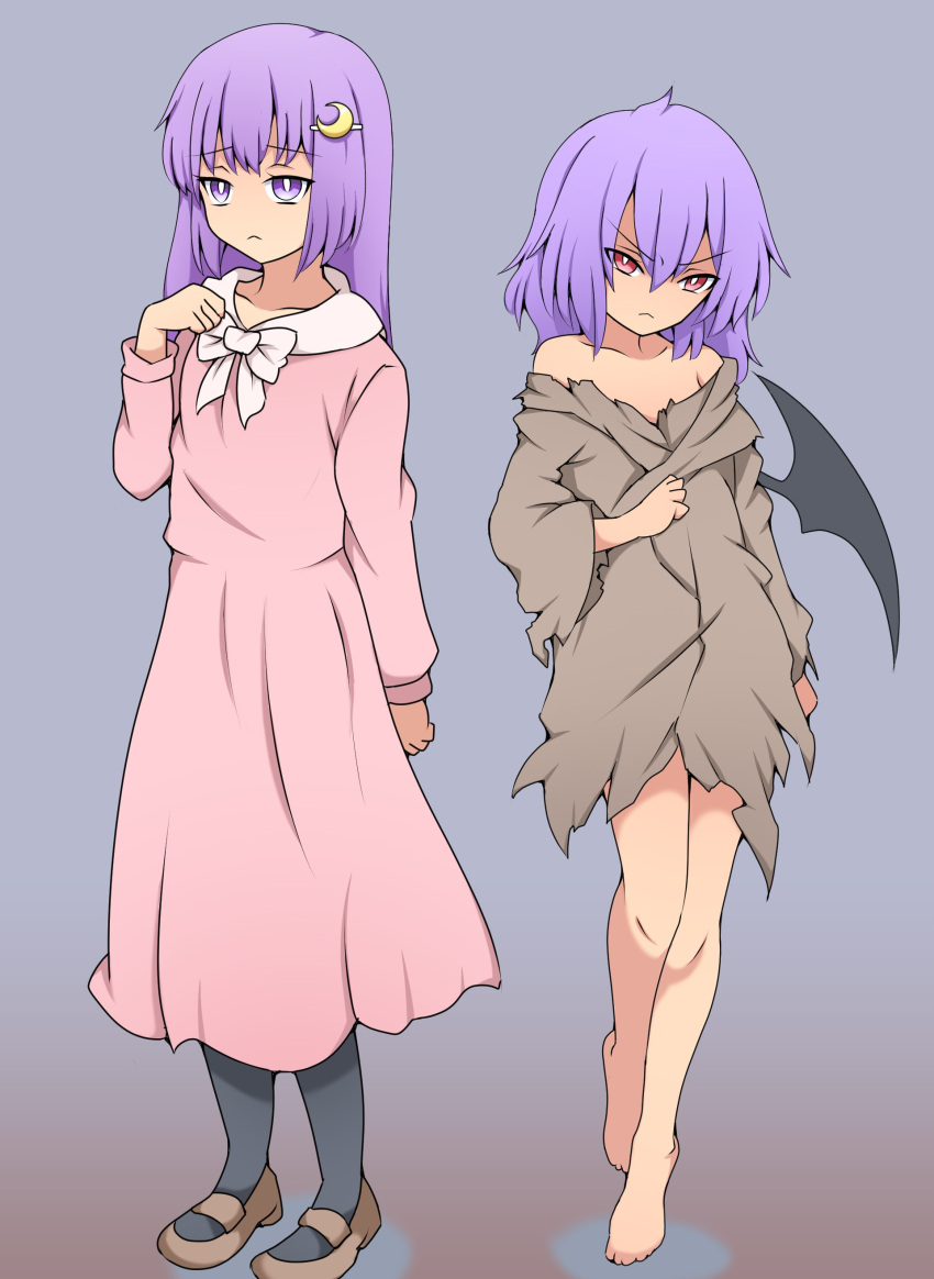 2girls :&lt; absurdres angry bare_shoulders barefoot bat_wings black_legwear bow bright_pupils crescent crescent_hair_ornament dress eyebrows_visible_through_hair gradient gradient_background hair_between_eyes hair_ornament highres long_dress long_hair long_sleeves mary_janes multiple_girls pantyhose patchouli_knowledge pink_dress purple_hair red_eyes remilia_scarlet sad shoes short_hair sidelocks simple_background suwaneko torn_clothes touhou violet_eyes white_pupils wings