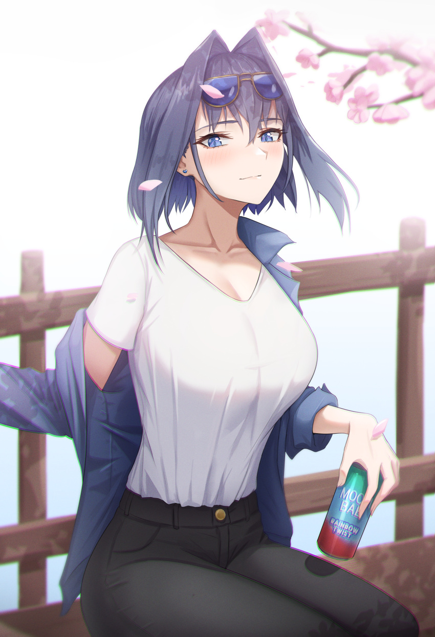 1girl absurdres bench black_pants blue_eyes blue_hair blue_jacket blush breasts can casual cherry_blossoms closed_mouth collarbone drink english_text eyewear_on_head falling_petals hair_intakes highres holding holding_can holding_drink hololive hololive_english jacket large_breasts looking_at_viewer on_bench ouro_kronii pants petals shirt shirt_tucked_in short_hair sitting solo sunglasses v-neck virtual_youtuber white_shirt zenya