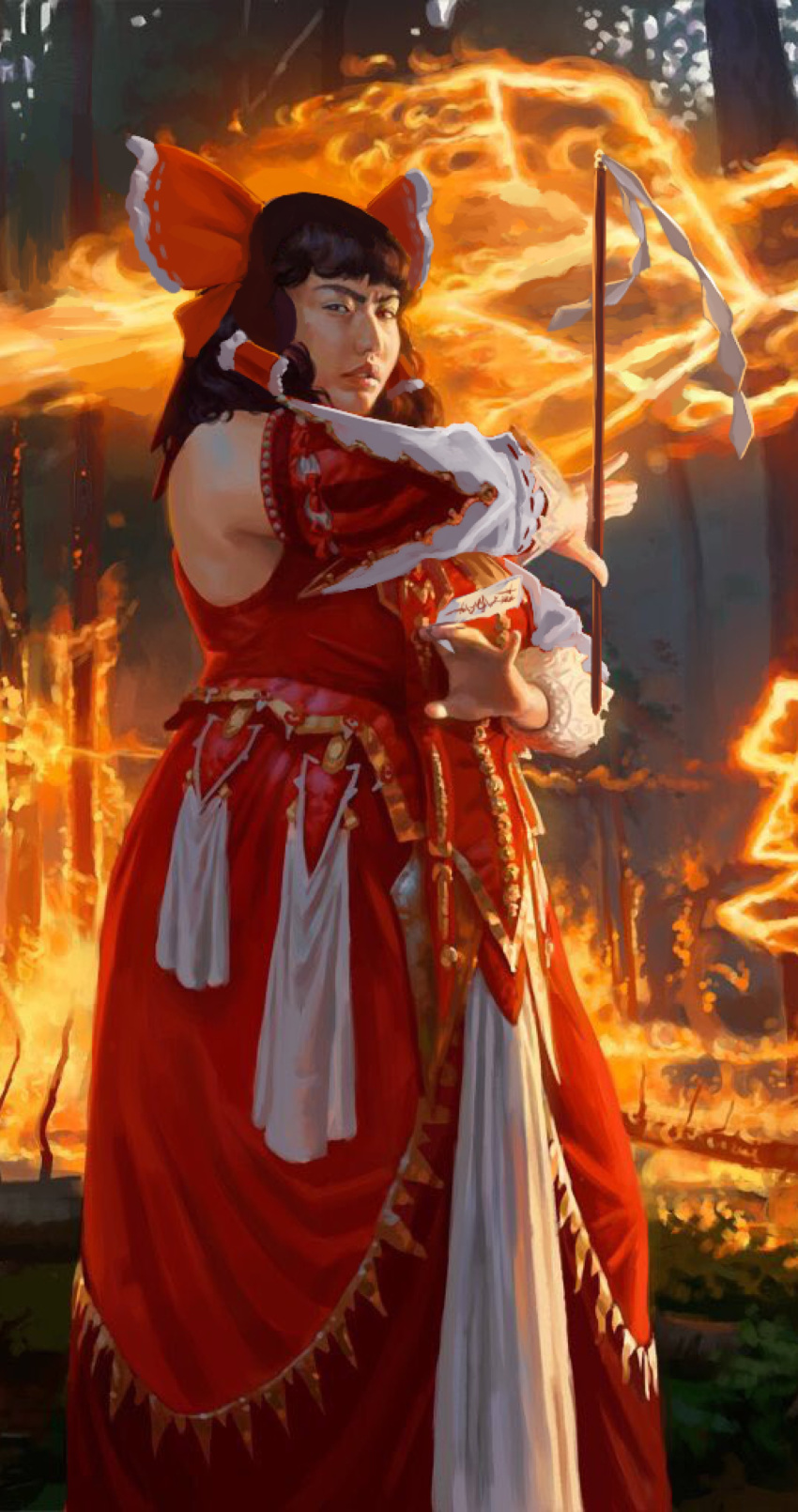 1girl absurdres bow brown_hair detached_sleeves ebi_(il14021) fire gohei hair_bow hakurei_reimu highres irencrag_pyromancer jason_rainville magic:_the_gathering plump realistic red_bow solo standing third-party_edit touhou