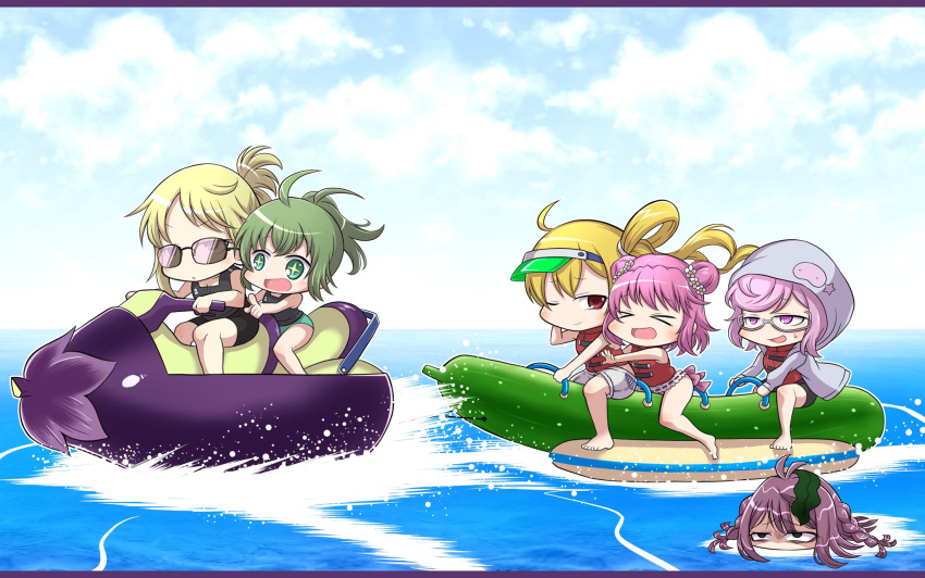 6+girls :d ;) adapted_costume alternate_costume alternate_hairstyle anna_mel bikini black_swimsuit blonde_hair blue_sky boat braid chibi clouds cloudy_sky cucumber delraich66 double_bun eggplant eyebrows_visible_through_hair flower green_eyes green_hair grey_hoodie hair_flower hair_ornament hair_rings highres hood hood_up hoodie kazari_jun long_hair looking_ahead looking_at_another magia_record:_mahou_shoujo_madoka_magica_gaiden mahou_shoujo_madoka_magica makino_ikumi male_swimwear medium_hair midori_ryou multiple_girls ocean official_alternate_hairstyle one_eye_closed pink_bikini pink_eyes pink_hair pointing ponytail purple_hair red_eyes ribbon-trimmed_bikini safety_vest sarasa_hanna seaweed shorts side-tie_bikini side_braid side_ponytail sky smile sparkling_eyes star_(symbol) submerged sunglasses swim_trunks swimsuit violet_eyes watercraft wavy_hair white_shorts yukino_kanae