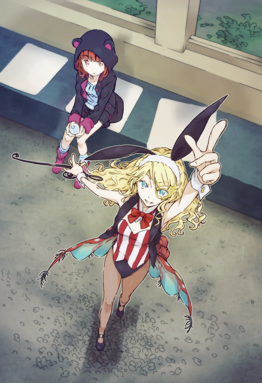2girls animal_ears arm_up armpits bare_shoulders black_footwear black_hoodie blonde_hair blue_eyes bow bowtie breasts brown_eyes brown_hair brown_legwear colorized commentary dot_nose eyebrows_visible_through_hair fake_animal_ears full_body gazing_eye haimura_kiyotaka highres holding hood hoodie kanou_shinka leotard long_hair long_sleeves looking_at_another looking_at_viewer looking_up medium_breasts monocle multiple_girls novel_illustration official_art outdoors outstretched_arm pantyhose parted_lips pink_footwear playboy_bunny pointing pointing_up rabbit_ears red_bow red_bowtie sitting sleeveless smile spoilers st._germain standing strapless strapless_leotard teeth thighs toaru_majutsu_no_index toaru_majutsu_no_index:_new_testament white_wristband wristband
