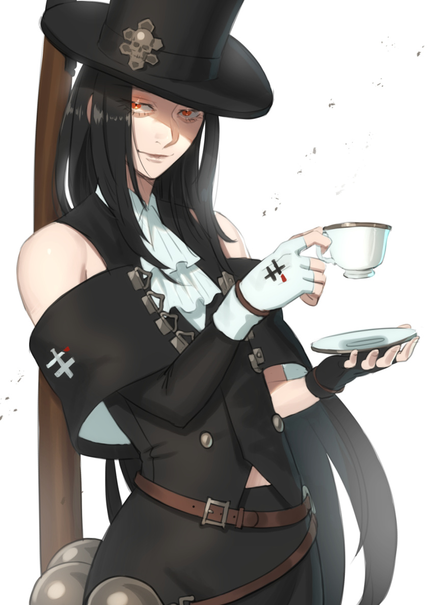 1other androgynous asymmetrical_gloves bangs bare_shoulders belt black_hair black_suit collared_shirt cup eyelashes fingerless_gloves formal gloves guilty_gear guilty_gear_strive hat_ornament highres long_hair looking_at_viewer plate red_eyes shaded_face shirt simple_background skull_hat_ornament solo straight_hair suit tea teacup testament_(guilty_gear) udakyo white_background white_gloves