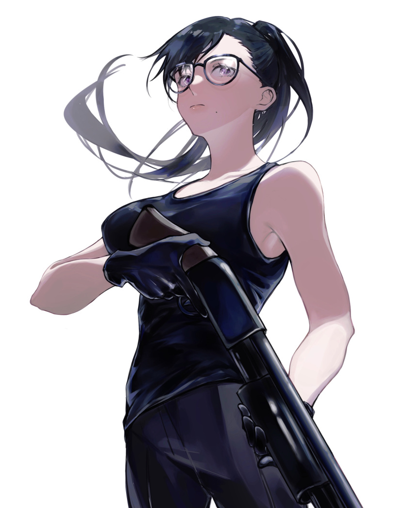 1girl absurdres black_hair glasses gloves gun highres holding holding_weapon minamikata_hizuru shirt shotgun sleeveless solo suikauna summertime_render weapon