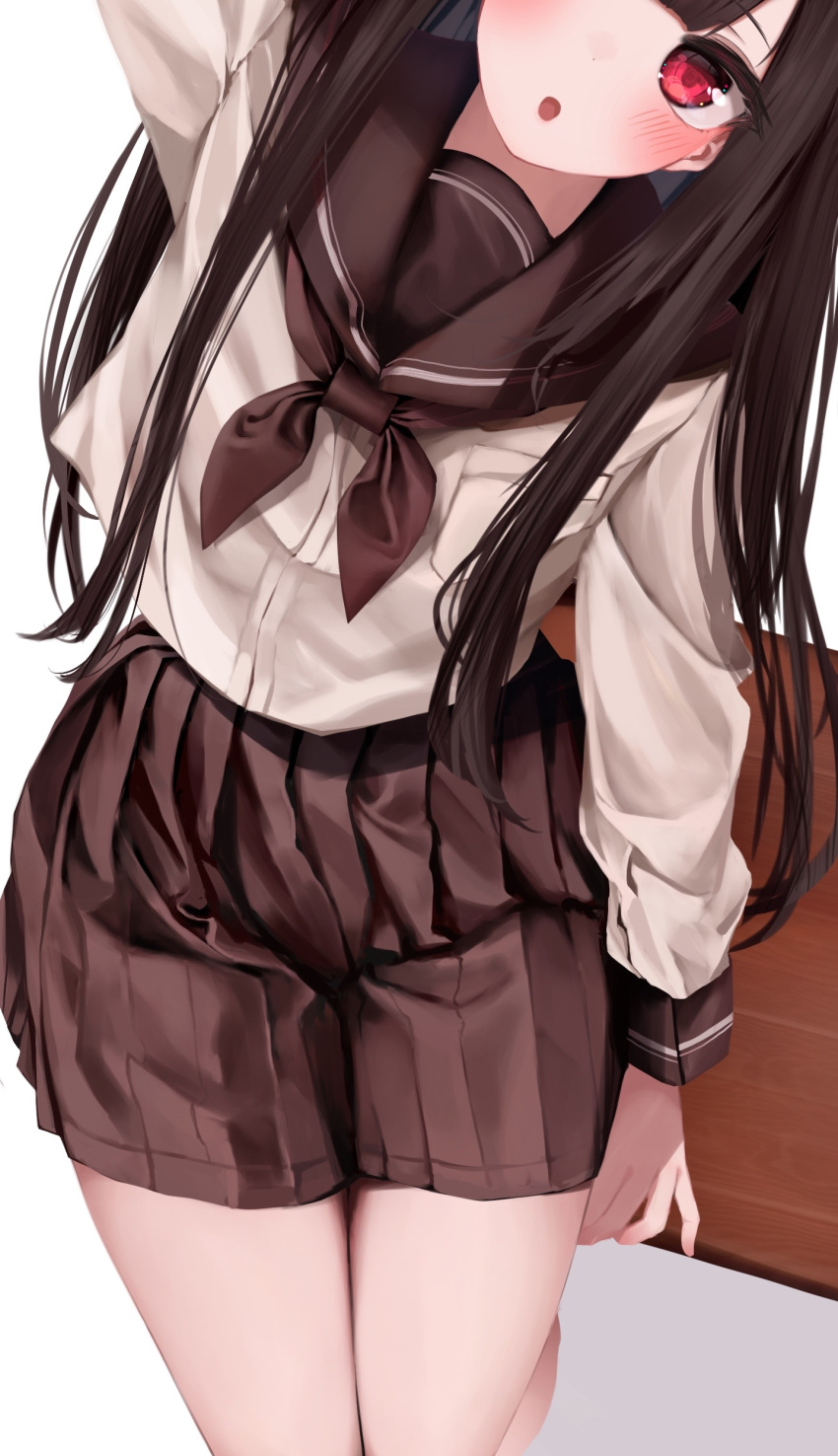 1girl absurdres arm_up bangs blush brown_hair brown_neckerchief brown_sailor_collar brown_skirt eyebrows_visible_through_hair head_out_of_frame highres kohe_billialot long_hair long_sleeves looking_at_viewer neckerchief open_mouth original pleated_skirt pocket red_eyes sailor_collar school_uniform serafuku shirt skirt solo table very_long_hair white_shirt