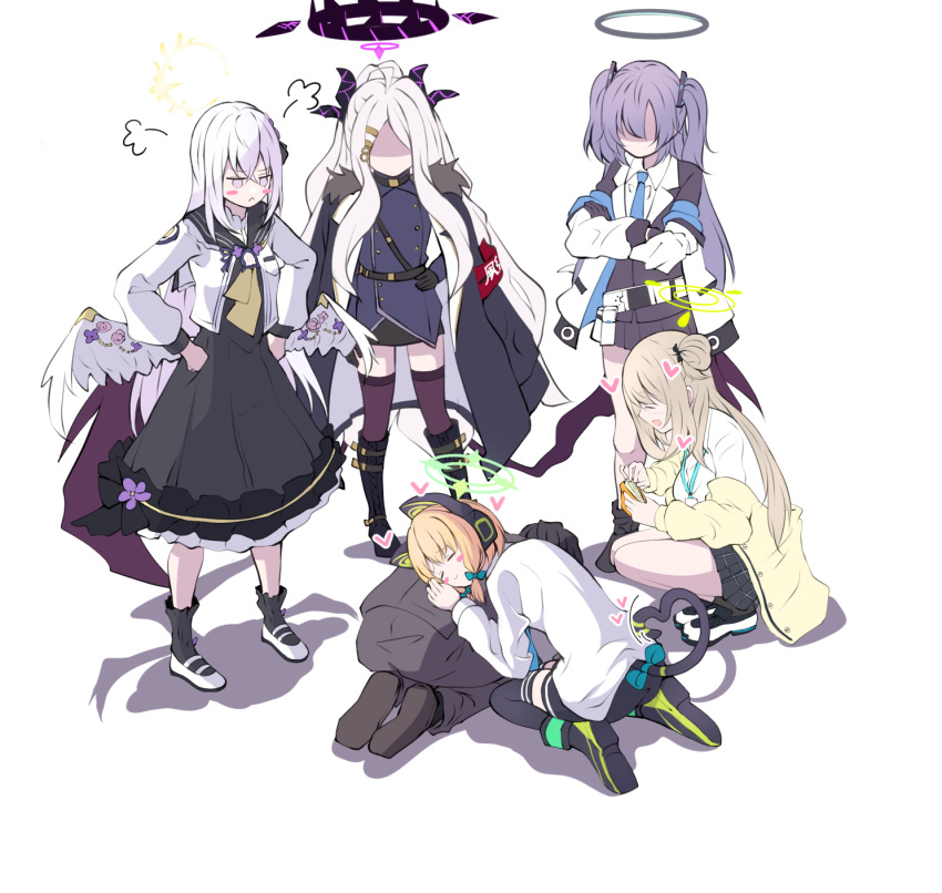 1boy 5girls :d ^_^ ahoge angry animal_ears armband azusa_(blue_archive) bangs belt black_coat black_footwear black_gloves black_hair black_legwear black_skirt blue_archive blush_stickers boots bow brown_hair business_suit cat_ears cat_girl cat_tail closed_eyes coat coat_on_shoulders collared_shirt commentary_request crossed_arms dogeza eyebrows_visible_through_hair fake_animal_ears feathered_wings flower forehead formal frilled_skirt frills fur-trimmed_coat fur_trim gloves hair_bow hair_flower hair_ornament hair_ribbon hairclip halo hand_on_hip hands_on_hips headphones heart heart_tail highres hina_(blue_archive) jacket knee_boots light_brown_hair long_hair long_sleeves lying_on_person mary_janes midori_(blue_archive) military military_uniform multiple_girls necktie nonomi_(blue_archive) off-shoulder_coat off_shoulder one_side_up parted_bangs pencil_skirt plaid plaid_skirt pleated_skirt ponytail purple_hair purple_legwear ribbon school_uniform seiza sensei_(blue_archive) serafuku shirt shoes short_hair short_sleeves sidelocks simple_background sitting skirt smile socks squatting standing suit tail tail_ornament tail_ribbon thigh-highs thighs tonomiya68 tress_ribbon two_side_up uniform violet_eyes white_background white_coat white_footwear white_hair white_wings wings yuuka_(blue_archive) zettai_ryouiki