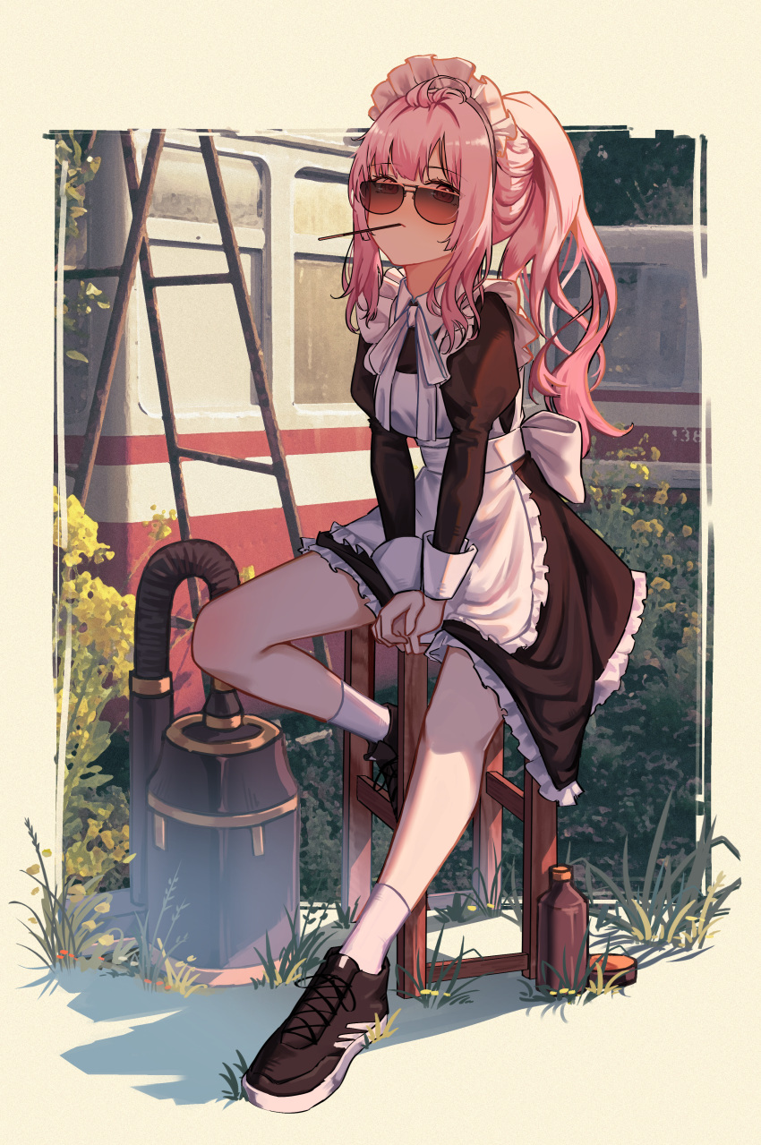 1girl absurdres alternate_costume apron dress enmaided frilled_apron frilled_dress frills full_body highres hololive hololive_english jl_tan juliet_sleeves long_sleeves maid maid_headdress mori_calliope pink_hair ponytail puffy_sleeves shoes sitting socks solo sunglasses virtual_youtuber