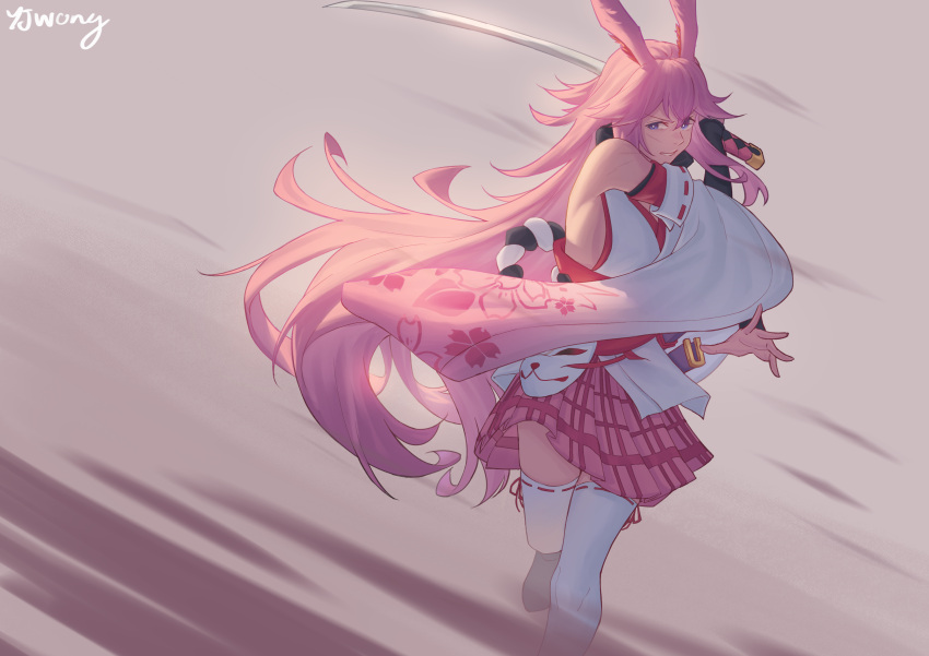 1girl absurdres artist_name bangs bare_shoulders fox_mask highres holding holding_sword holding_weapon honkai_(series) honkai_impact_3rd japanese_clothes katana long_hair looking_at_viewer mask miko pink_background pink_hair pink_skirt skirt solo sword thigh-highs violet_eyes weapon white_legwear white_sleeves yae_sakura yae_sakura_(gyakushinn_miko) yjwong